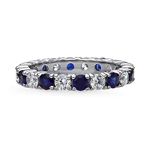 BERRICLE Sterling Silver Wedding Rings Simulated Blue Sapphire Round Cut Cubic Zirconia CZ Anniversary Eternity Ring for Women, Rhodium Plated2