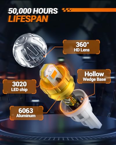 Image of SEALIGHT 194 LED Light Bulb Amber Yellow 168 T10 W5W 2825 Super Bright 360 LED Replacement Bulbs 3020SMD for License Plate Light, Dome Light, Map Light, Courtesy Light, Side Marker Lights, Pack of 6