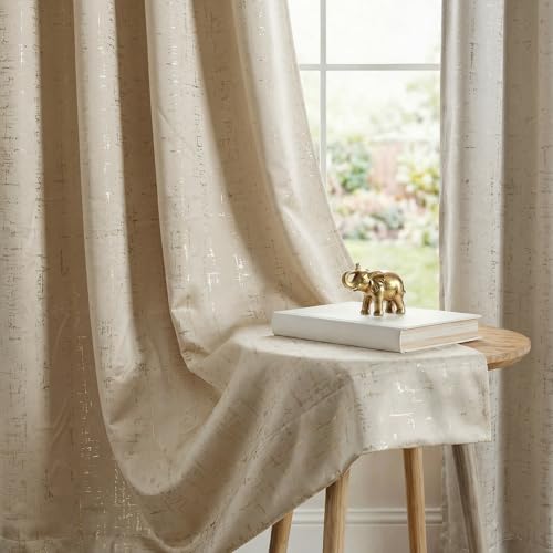 Image of Urban Space 80-85% True Blackout Curtains for Door, Gold Foil Printed Blackout Curtains, Blackout Decorative Door Curtain Eyelet with Tieback, 1 Piece Curtain for Living Room(Sparkle Beige, 8 Feet)