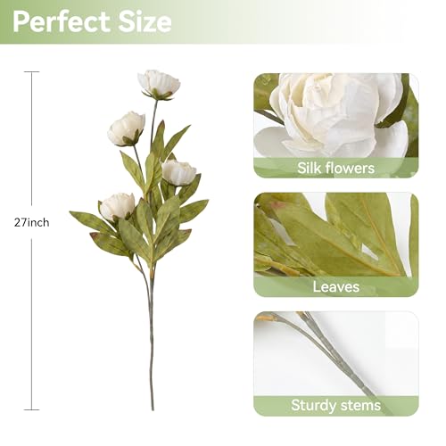 Pinkpum 12 Pcs Faux Silk Peony Artificial Flowers for Vase -27", Bulk Fake Peonies Branches with Stems for DIY Bouquet Centerpieces Wedding Fillers Arrangements Shower Decorations Cream White — view 2