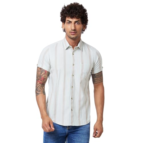 Image of Spykar Men's Regular Fit N /A Half Sleeve Striped Casual Shirts
