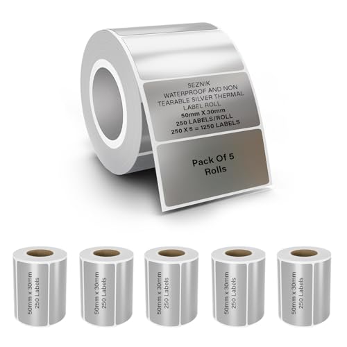 Image of Seznik Silver Waterproof, Non-Tearable, Sticky Thermal Lables, Label Roll, 2 inch Adhesive Thermal Labels for Label Printers (50mmx30mm - 1250 Lables)