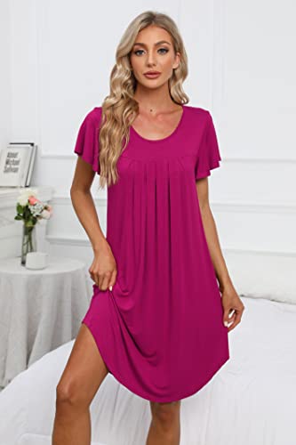 Bestshow Plus Size 4Xl Pleated Nightgown Soft Nightshirt Sleep Pajama Dress Short Sleepshirt Loungewear Sleepwear Rose #TOP2