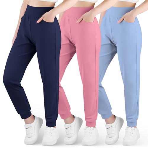 BIG ELEPHANT 3 Pack Girls Joggers with Pockets, High Waisted Kids Athletic Pants for Yoga Running