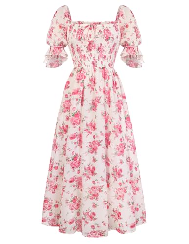 Scarlet Darkness 2026 Summer Floral Dress for Women Cottagecore Smocked Midi Dresses Beige Pink Floral S