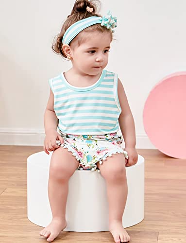 UNICOMIDEA 6-12 Months Baby Girls Blue Flower Bodysuits 3D Floral Print White Striped One Pieces for Infants Lightweight Elastic Waist Rompers With Headband 1 Years Toddler Boys Wedding Clothing - Thumbnail 4
