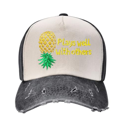 Upside Down Pineapple Hat Plays Well with Others Vintage Distressed Baseball Cap Adjustable Embroidery Denim Hats Black