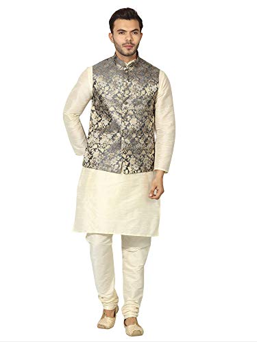 Image of Uri and MacKenzie Men's Silk Blend Regular Kurta Churidar Pyjama with Bundi Nehru Jacket /Waistcoat