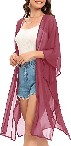 Image of Indian Trendy Women's Solid Puff Sleeve Kimono Long Cardigan Loose Cover Up Casual Blouse Top Chiffon