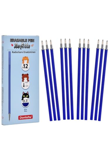 Donluhu 12 recarga com caneta apagável, minas de substituição apagáveis azuis, compatíveis com legami, fáceis de limpar, ponta de 0,7 mm, altura 13 cm