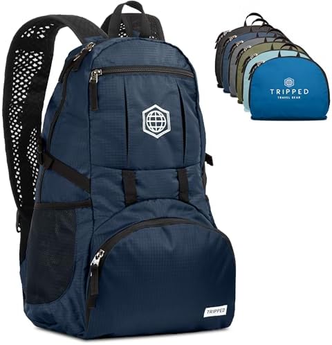 TRIPPED Travel Gear Traveling Backpack- Foldable collapsible lightweight backpack for travel (Blue) 35 liters