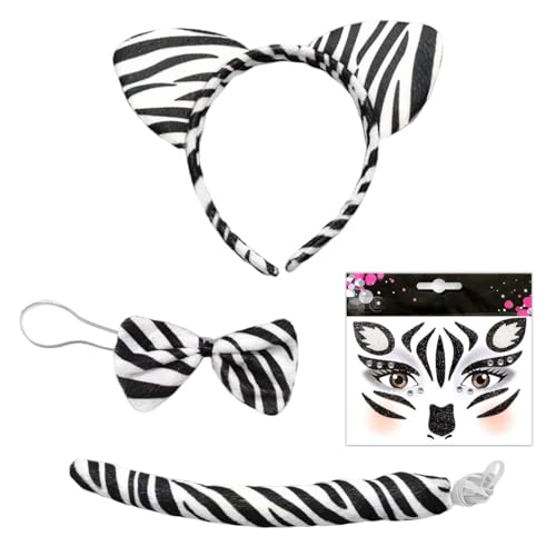 AIRTILY 1 Juego De Traje De Vestir De Cebra, 1 Pegatina De Cara De Cebra, Traje De Diadema Y Cola Ba, Accesorios De Juego De Cebra, Decoración De Disfraces De Carnaval