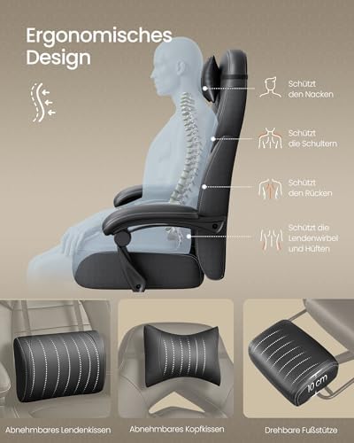 Bild 5 - SONGMICS Gaming-Stuhl, Bürostuhl, Computerstuhl, ergonomisches Design, mit Fußstütze, verstellbares Kopfkissen, Lendenkissen, Tragkraft 150 kg, schiefergrau OBG077G01