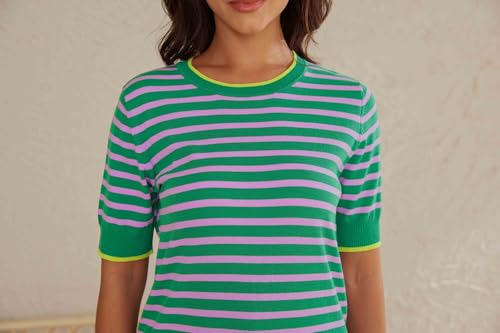 Image of Womens Tops Summer Short Sleeve Shirts Striped Sweater Cute Casual Top Trendy Women Clothing Crewneck Knit Blouses