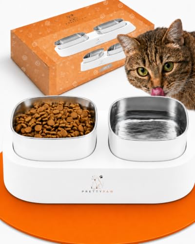 Pretty Paw Katzennapf Erhöht mit 2 Edelstahl Schalen, Weiß