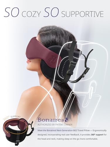 Image of Travel Pillow, Airplane Neck Pillow with 3D Eye Mask for Sleeping, Round Edge Plane Head Strap 360Headrest Support for Long Flight, Stop Bobblehead, Travel Essential for Car Road Trip Red