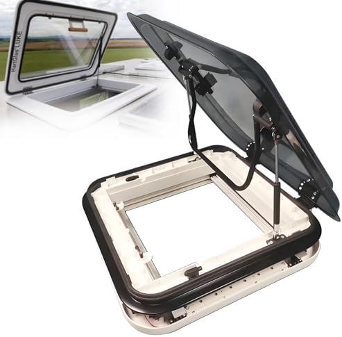 "RV Skylight with LED Light - Aluminum Alloy Roof Vent for Trailers, Gas Lift Spring, Sunshade for Privacy, 19.69-inch External Push Design"