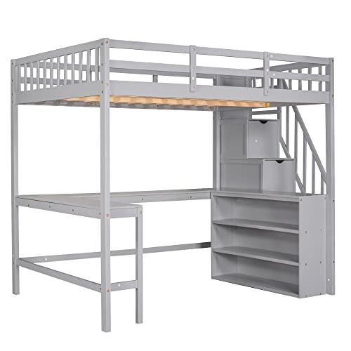 Vilrocaz Multifunctional Full Size Loft Bed With Built-In L-Shaped Desk And Bookshelves, Solid Wood Loft Bed Frame With Safety Guardrail And Storage Staircase For Kids Teens Adults (Gray-Stair) #TOP5
