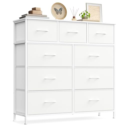 SONGMICS BELLAH Collection - Commode, Meuble de Rangement pour Chambre, Couloir, Entrée, Salon, Cadre en Acier, 9 Tiroirs, Style Moderne, Blanc Nuage et Blanc Neige...