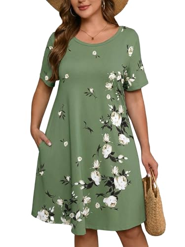 Image of AusLook Plus Size Midi Dress for Women Casual Summer Short Sleeve A Line Swing Dress with Pocket Round Neck Flowy Dress 1X-5X