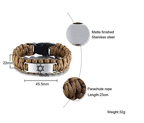 Men's Israeli & Jewish Jewelry - Handmade Survival Paracord Star Of David Cuff Bracelet, Religious Jerusalem Magen David Star Personalized Engraved Israel Faith Bangle For Judaica,Brown,9 Inch #TOP1