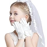 Papoopy Girls White Lace and Satin Gloves for First Communion, Princess Dress Up Costume, Tea Party, Wedding, Formal Pageant
