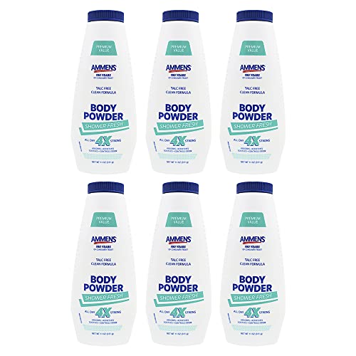 ammens talc-free premium body powder. shower fresh. cools and soothes with aloe vera. absorbs moisture and bad odors. 11 oz. pack of 6