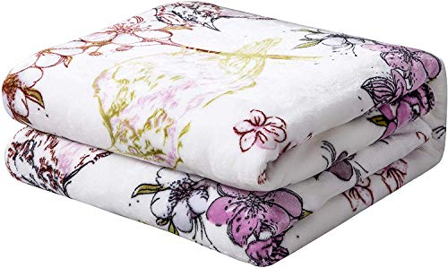 Dada Bedding Soft Faux Mink Fleece Flannel Purple Floral Throw Blanket - Blossom Garden Birds Elegant Orchid Lavender & Olive Green - Plush Warm Animal Lover House Warming Decor Gift Idea - 90" X 90" #TOP6