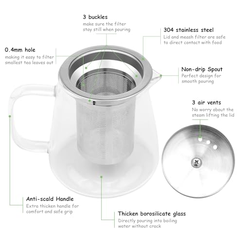 Honneeo Glass Teapots 950ml Borosilicate Glass Tea Pots with Infuser, Stovetop Safe Tea Kettle with 304 Stainless Still Strainer for Loose Leaf Herbal Fruit Tea (950ml Teapot) - Image 3