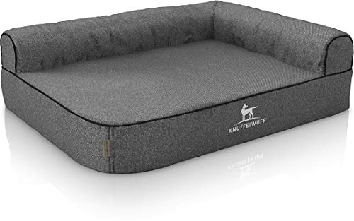 Knuffelwuff Orthopädisches Eck Hundebett Marlie Hundesofa aus Velours mit Handwebcharakter L 85 x 63cm Lehne Rechts Grau - abnehmbarer Bezug - waschbar - für große, mittelgroße und kleine Hunde