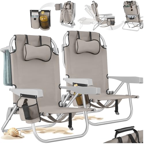 tectake® 2 Sedia da Spiaggia, Spiaggina Pieghevole Funzione Zaino, Sedie da Giardino, Telaio Alluminio, Sdraio Da Spiaggia, Schienale Regolabile, Sdraio pieghevole, Borsa Termica, Sedia Mare - Beige