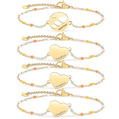 Image of DS Mother Daughter Bracelets Set,18K Gold Plated Stainless Steel Heart Jewelry for Women Girls,Mothers Day Gifts for Mom /Daughter,Adjustable Matching Bracelets for Mommy and Me gift box packaging