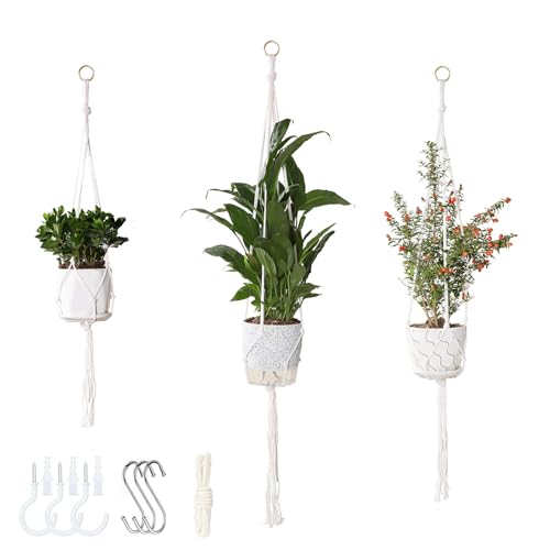 vriysei 3 Pack Macrame Plant Hanger Indoor, 35 41 47 Inch Handmade Boho Hanging Planter Basket with Screw Hooks S-Hooks and Extension Rope for Indoor Plants Home Decor (POTS NOT Included) (White)