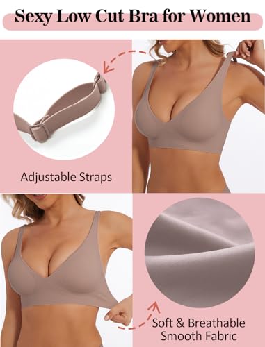 Image of Deep V Bra Wireless Sexy Push Up Bralette Padded Seamless Jelly Bra | Low Cut Plunge V-Neck, Wide Straps, Back Smoothing, Bras for Women No Underwire, Soft Comfortable Bralettes