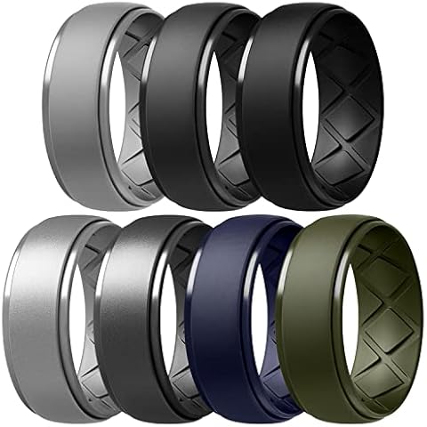 Egnaro Inner Arc Ergonomic Breathable Design, Silicone Rings Mens with Half Sizes, 7 Rings / 4 Rings / 1 Ring Rubber Wedding Bands, 10mm Wide-2.5mm Thick Cover