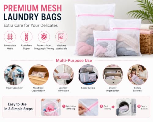 Image of Zollyss Mesh Laundry Bag for Washing Machine, Pack of 3 Wash Bags with Zipper, Reusable Laundry Net Bag for Delicates, Bra, Lingerie, Socks & Baby Clothes, White