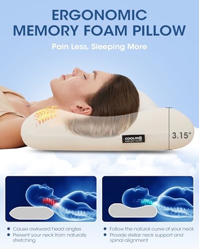 Ultra-Thin Memory Foam Pillows Queen Size, Contour Cooling Cervical Pillow for Neck Pain Relief, Orthopedic Ergonomic Bed Pillow for Side, Back and Stomach Sleepers, (3.1 Inch Thickness, 1 PCS) — view 3