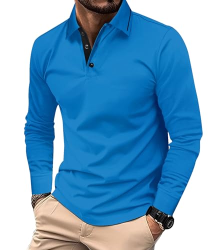 Comilaka Heren poloshirt casual lange mouwen poloshirt top golf T-shirt katoen contrasterende kleuren herfst winter klassiek, Blauw, XL