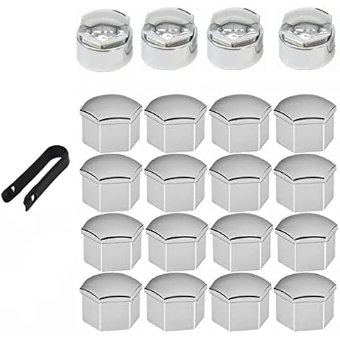 AUTOUTLET 20PCS (16 Standard Sizes + 4 Locking Sizes) Silver Hexagonal Plating Chrome Wheel Nut Caps Bolt Covers Internal Diameter 17mm Cap 22mm X 18mm Universal with Removal Tool Cover