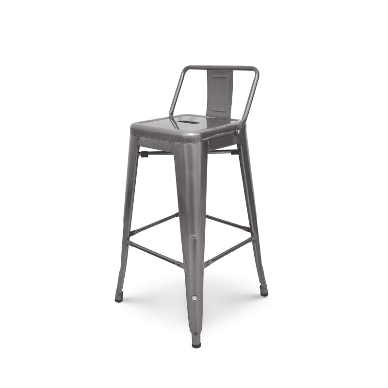 Kosmi - Sgabello da Bar in Metallo Grezzo con Piccolo Schienale, Sedia da Bar Sgabello in Metallo Altezza 66 cm Perfetto per Piano Cucina di Circa 90 cm, Finitura zincata