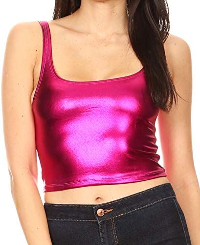 Sakkas 18-1507 - Women s Stretchy Sleeveless Liquid Metallic Club Crop Tank Top Made in USA - Fuchsia - L