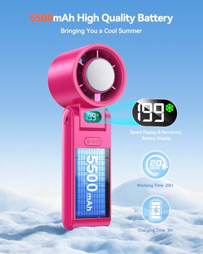 Image of Portable Handheld Fan with Ice Cooler, 199 Speed Personal Fan,5500mAh Rechargeable,20H Cooling Time,20000 RPM Powerful Motor, Summer Essential for Travel /Outdoor /Office, Hot Pink