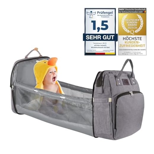 all Kids United® Baby Wickelrucksack Deluxe mit Kinderbett - Babytasche Wickeltasche Set: Baby-Rucksack, Wickelauflage, integriertem Babybett, Kinderwagen-Haken (Grau)