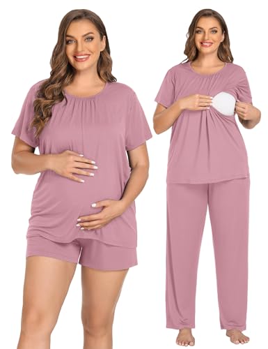 Image of SWOMOG Women 3Pcs Maternity Pajama Set Nursing Pjs Pregnancy Set Breastfeeding Pjs Double Layer with Pockets