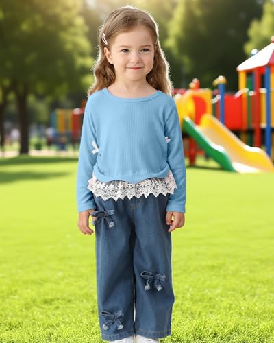 Image of Kucnuzki Toddler Baby Girl Clothes Long sleeve Fall Winter Shirt Tops Baggy Jeans Pants Set Kids Girls Outfits 2 Piece