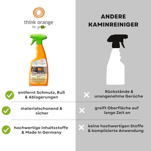 Kamin & Ofenglasreiniger (750ml) | Kaminreiniger Scheibenreiniger | entfernt hartnäckige Verschmutzungen | Kaminglasreiniger | reinigt hartnäckigen Ruß an Ofenscheiben | think orange be green