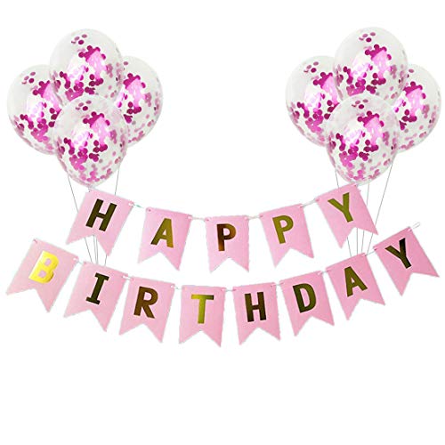 Image of Party Propz 9Pcs Pink Confetti Balloons & Happy Birthday Banner Combo - For Girls Birthday Decoration Items Set -Girl Theme Balloons Decorations -Elegant Supplies ,Paper;Rubber