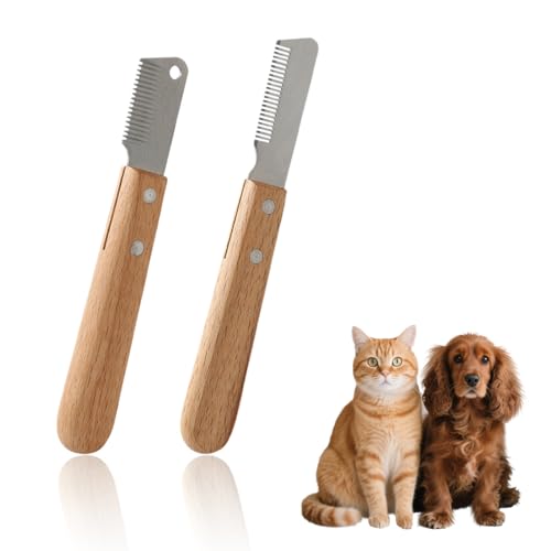 DOKRIN Entfilzungsmesser & Unterwollbürsten für Hunde 2 Hundehaarschneider, ein Bartkamm, ein professionelles Entwirrungsmesser, ein ergonomisches Entwirrungsmesser aus Holz und Pflegeutensilien.