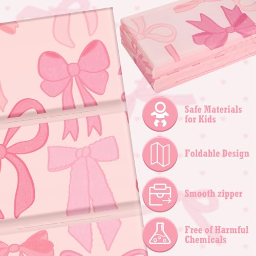 Image of Shellwei Vinyl Nap Mat Kid Preschool Daycare Sleep Mat,Pink Bow | 1 inch Thickness, 45 inch x 19 inch x 1 inch, 4-section Softness Rest Mat, Suitable for Daycare Travel, and Home, Easy to Clean