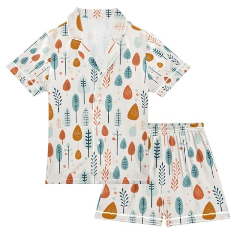 senya Cartoon Tree Satin Summer Pajama Sets Silk Short Sleeve Button Down Sleepwear